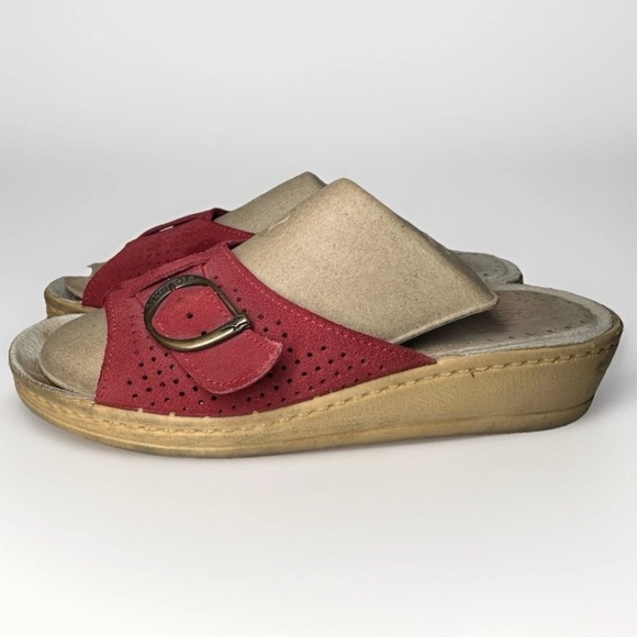 Fly Flot Suede Wedge Slides Women's US 7.5 EU 38 Red Anti Shock Italy Comfort - Picture 1 of 13